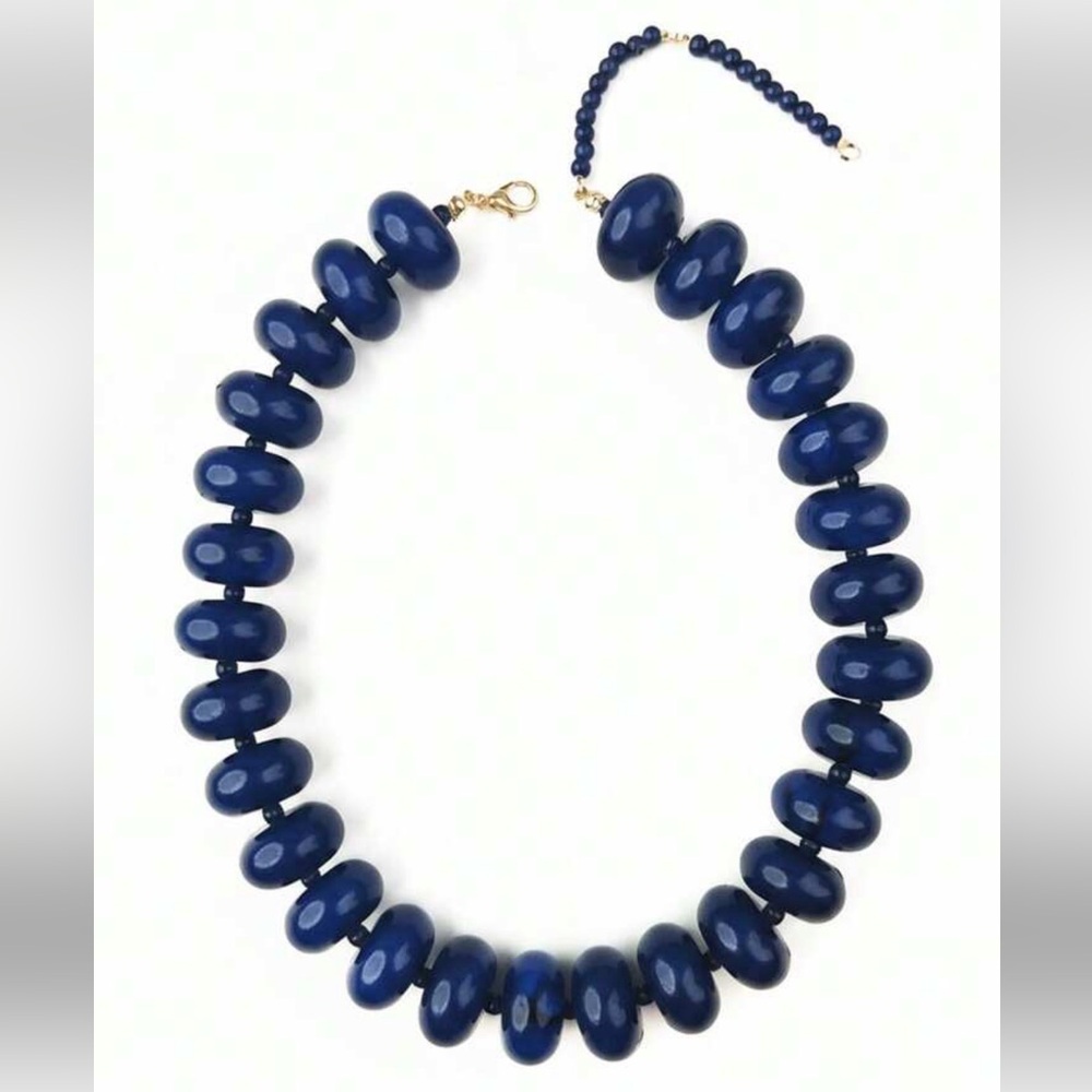 New! Deep Navy Resin Beaded Dopamine Rondelle Coastal Chunky Statement Necklace